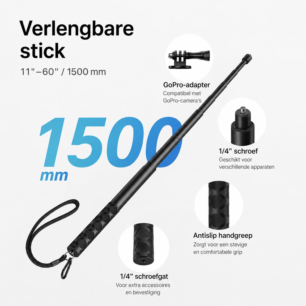 Sounix Telefoon Statief - Tripod Statief - SelfieStick voor actioncamera en smartphone - 114cm - met 1/4 Schroef voor GoPro, Action Cameras, DJI OSMO, Insta360 - Zwart thumbnail 7