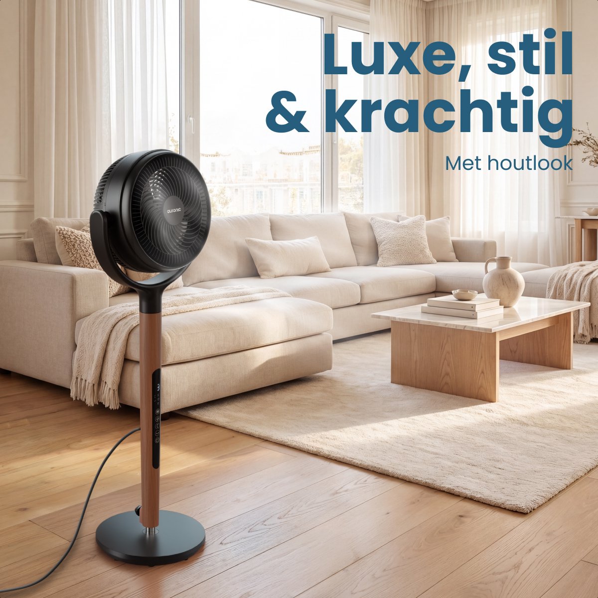 Auronic Statiefventilator - Staande Tafel en Vloerventilator - 12 Standen en Timer - Luchtkoeler - Stil - Met Afstandsbediening en Display - Fan - Hout thumbnail 2
