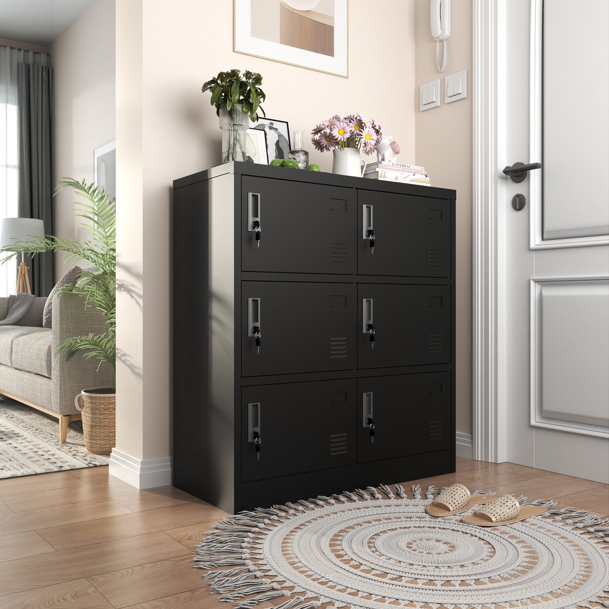 Wishdor Metalen Lockerkast Met 6 Deuren - Afsluitbaar Met Ventilatiesleuven En Kaartvakken - Modern Voor Kantoor Of School - Staal - Zwart - 100 X 90 X 40 Cm Zwart (6 Deuren)