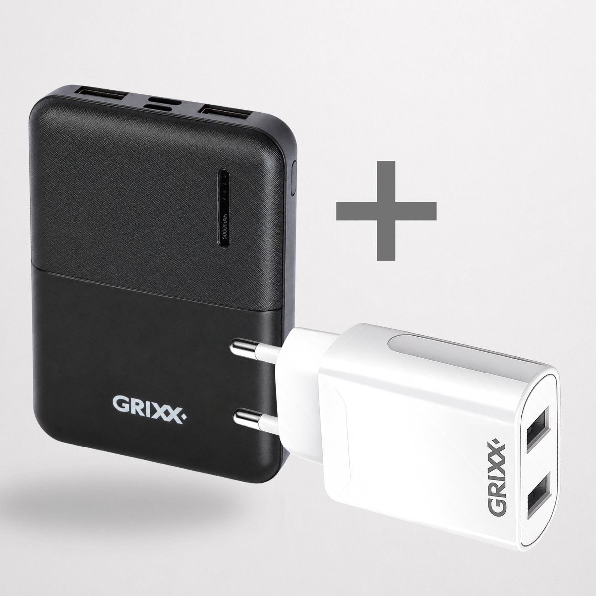 GRIXX Powerbank Bundel 5000 mAh + USB Oplader 2x USB-A – 2 USB-poorten – Voor iPhone, Samsung & Smartphones – Wit