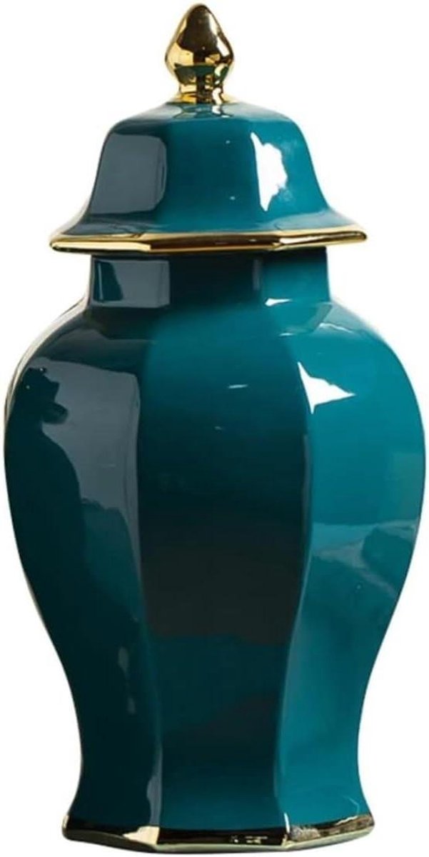 Gemberpot Met Deksel - Keramische Vaas - Decoratieve Opslag - Gouden Rand - 21x40 cm - Groen