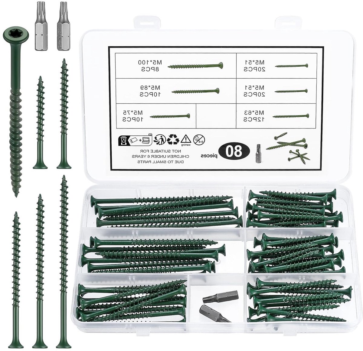Set van 80 M5 Houtschroeven, Torx Schroeven, Universele Schroeven voor Meubels, Zelftappende Schroeven en Dakconstructie