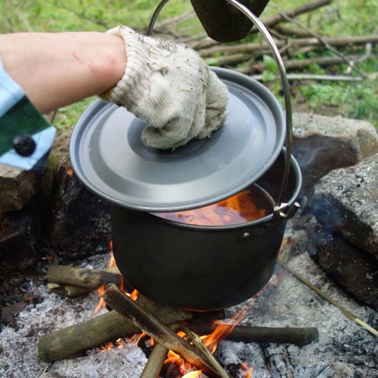 Outdoor Picknickpan - Hangpan van aluminiumlegering voor op de camping - Grote kookpan voor boven het kampvuur & stapelbare set - 4L — afbeelding 4