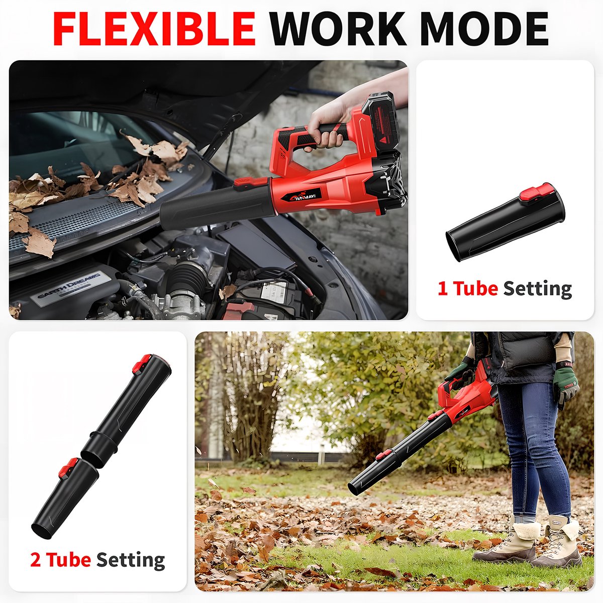 Bladblazer op Accu 21V - Draadloze Elektrische Bladblazer met 2x 4.0Ah Accu - luchtsnelheid 150 km/u - 6 Snelheidsstanden - Inclusief Oplader - Geschikt voor Bladeren en Tuinafval - Rood – foto 2