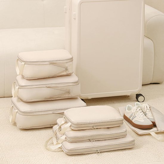 Compressie Packing Cubes - Reis Opbergzakken - Efficiënt Inpakken - Dubbele Rits Compressie - 4 Delig - Beige — afbeelding 3