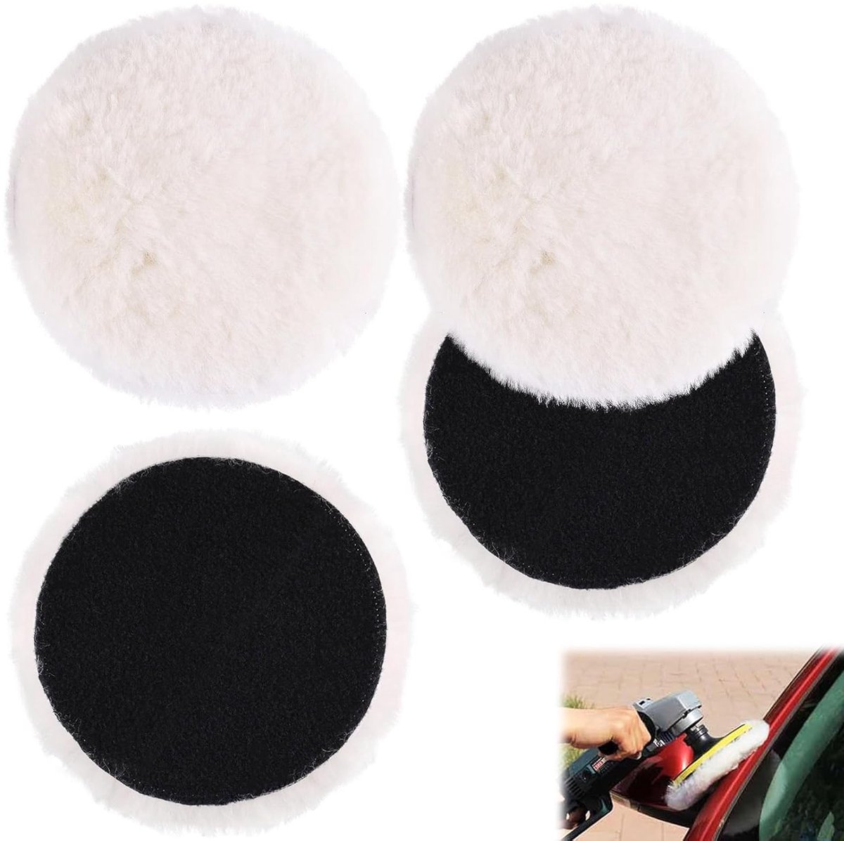Set van 4 Polijstpads van Wol 125 mm met Klittenband voor Auto, Geschikt voor Random Orbital Schuurmachine, Ideaal voor Koplampen en Autolak Polijsten