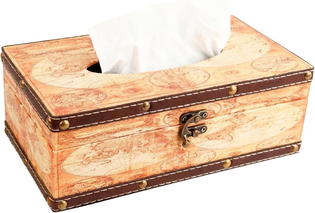 Retro Houten Tissue Box - Rechthoekige Tissue Dispenser voor Woonkamer, Badkamer en Kantoor met Metalen Slot en Decoratieve Afwerking