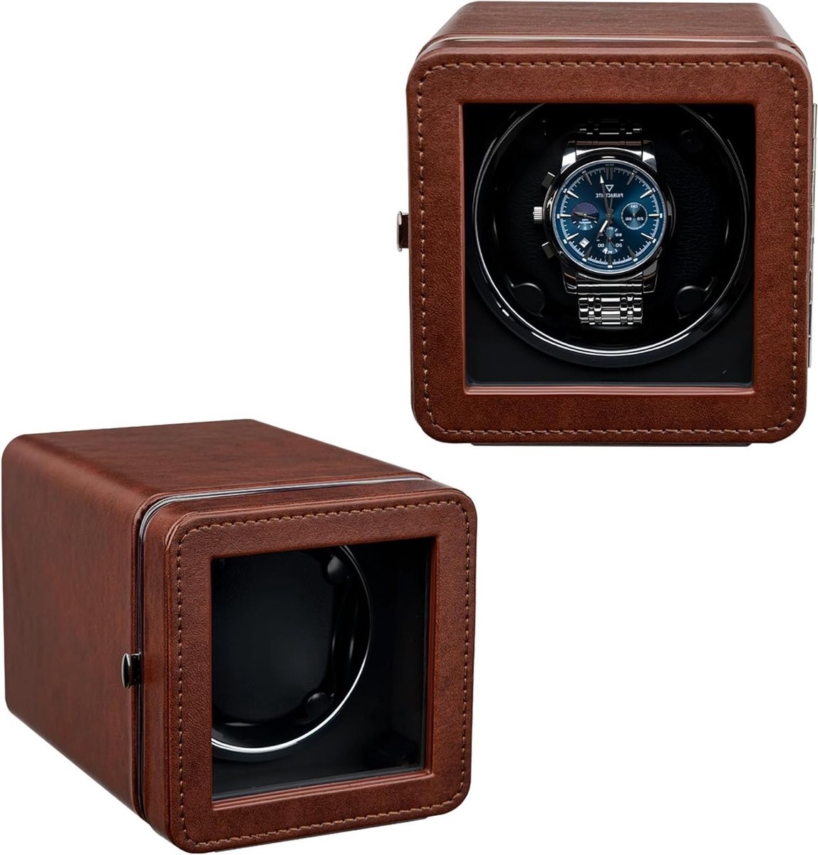 Automatische Horloge Winder met LED Verlichting - Elegante PU Leren Horloge Box, Stille Motor, 4 Rotatiemodi, Rechthoekige Horlogeopslag - Bruin, Voor Luxe Horloges en Verzamelingen