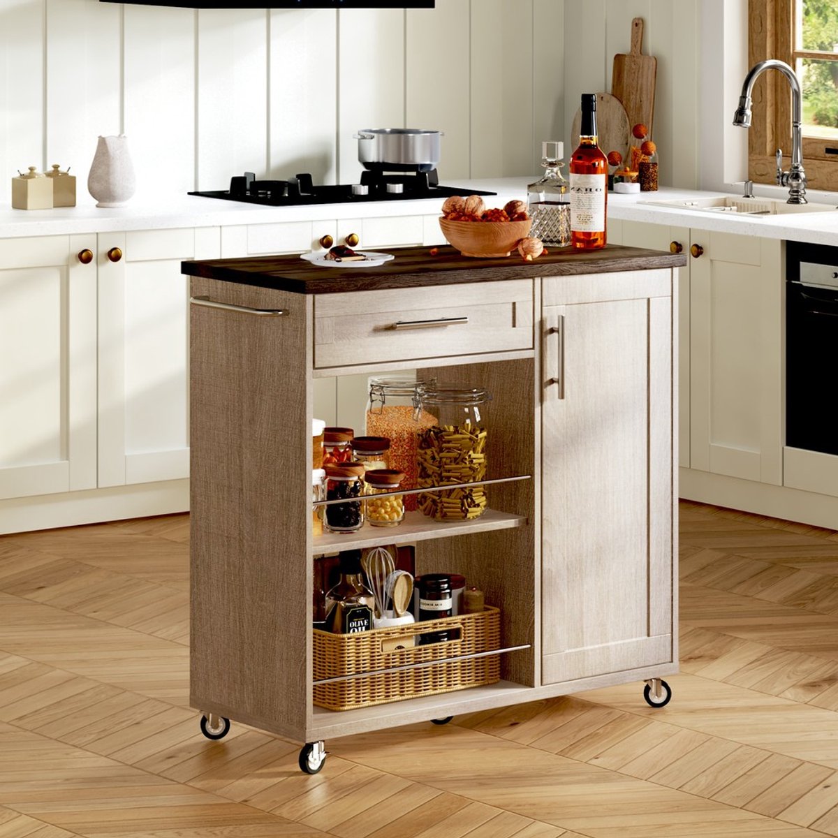 Pugsdrly keukentrolley met werkblad in houtlook, verrijdbare keukentrolley met lade, kast en open planken, mobiel kookeiland met handdoekhouder en vergrendelbare wielen, 90x62x90 cm, Sonoma-eiken