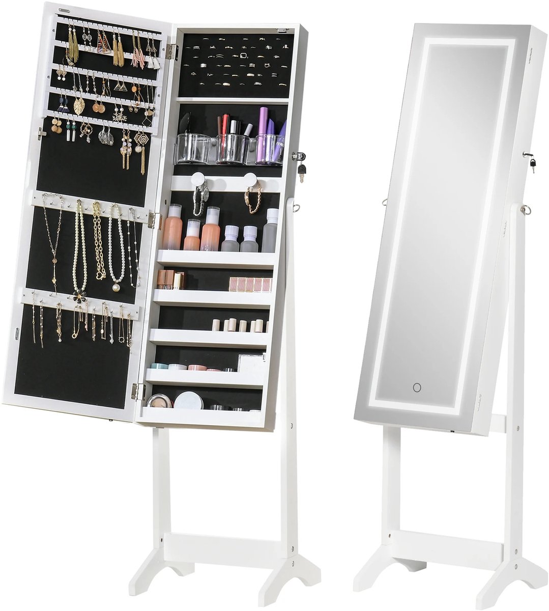 Roossentials sieradenkast - Sieradenspiegel - Spiegelkast - Sieraden - Met led-verlichting - Met slot - Opbergkast - Wit