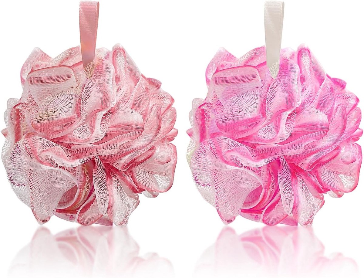 Grote Douche Puff Set van 2, Zachte Mesh Bad Spons voor Milde Exfoliatie, Lichaamspeeling voor Dames en Heren, Ideaal voor Verzorging en Ontspanning