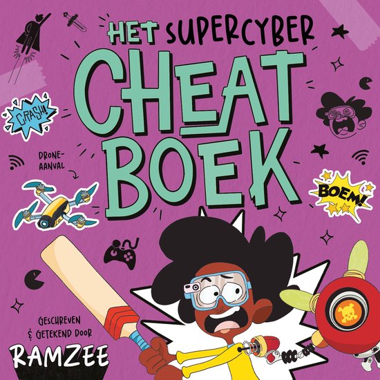 Het Supercyber Cheatboek met een jongen met bril en geel shirt, een drone en een cricketbat.