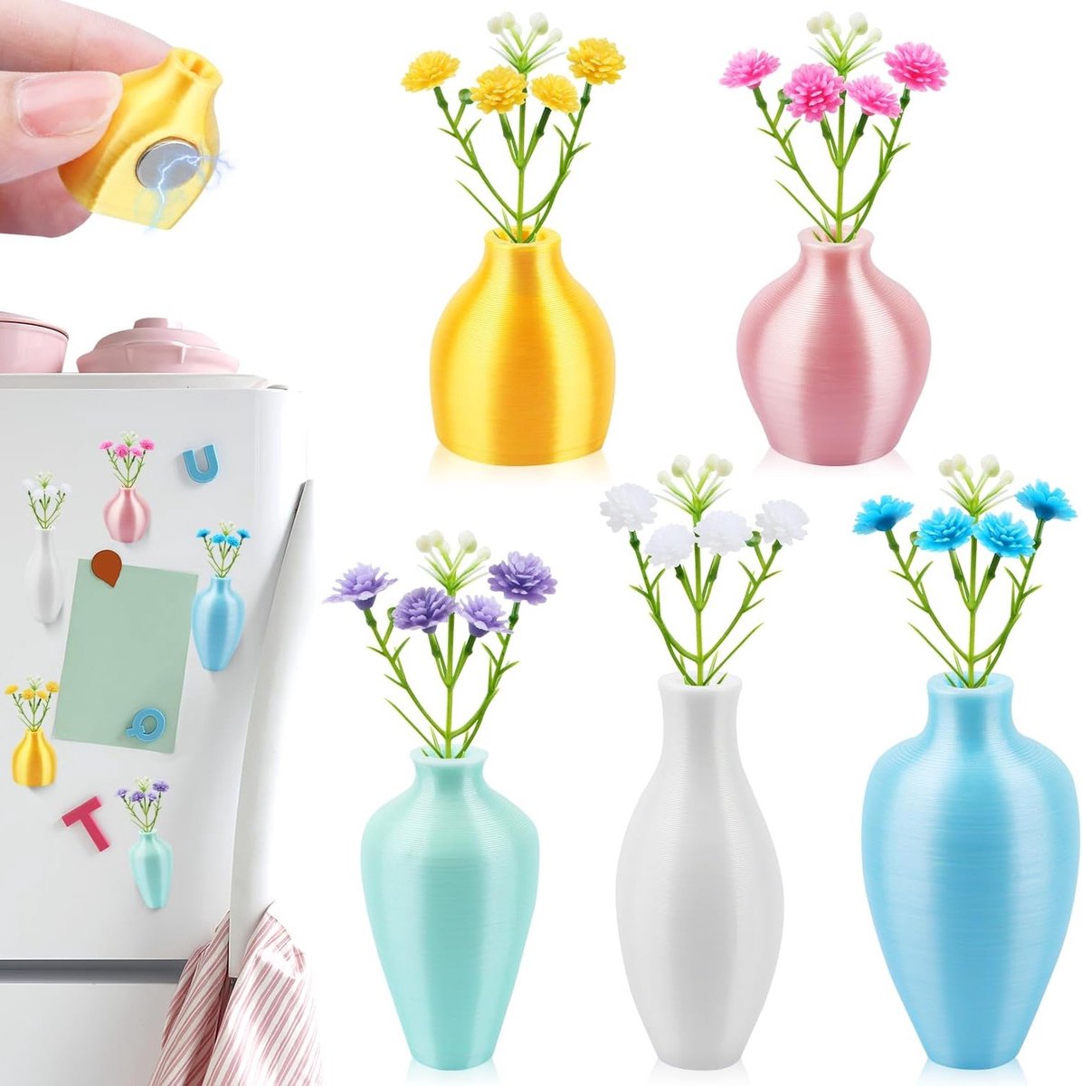 Magnetische Bloemenvazen voor de Koelkast, Set van 5 Stuks, Mini Plastic Vazen met Kunstbl