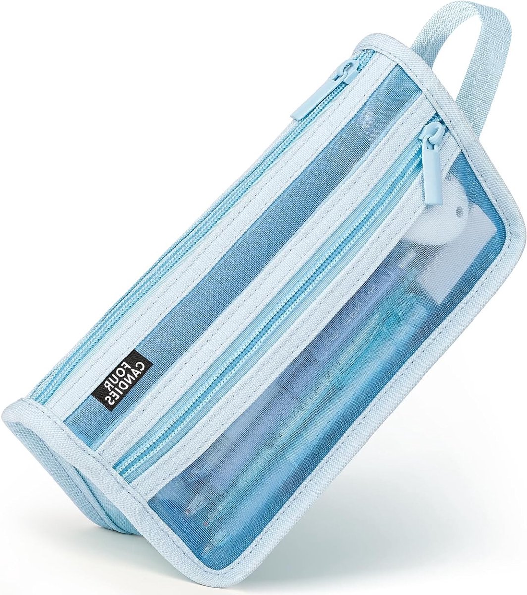 Kleurige pennentas van gaas met handvat en rits, blauw, 21 x 11 x 8 cm, ideaal voor school en kantoor