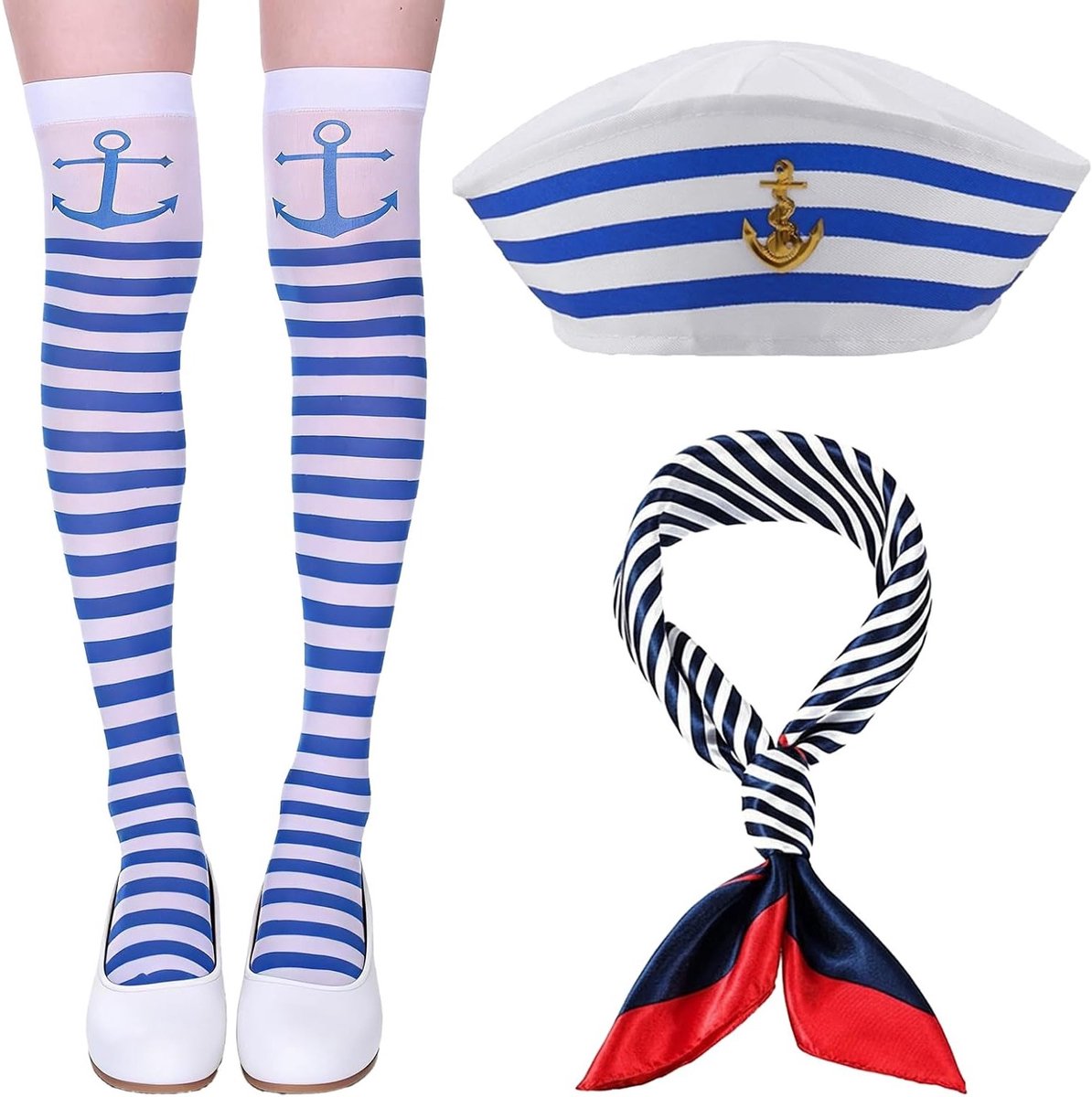 Maritiem Kostuum Set met Matrozenhoed, Blauw-Witte Gestreepte Kousen en Zijden Sjaal, Perfect voor Verkleedpartijen en Nautische Thema's