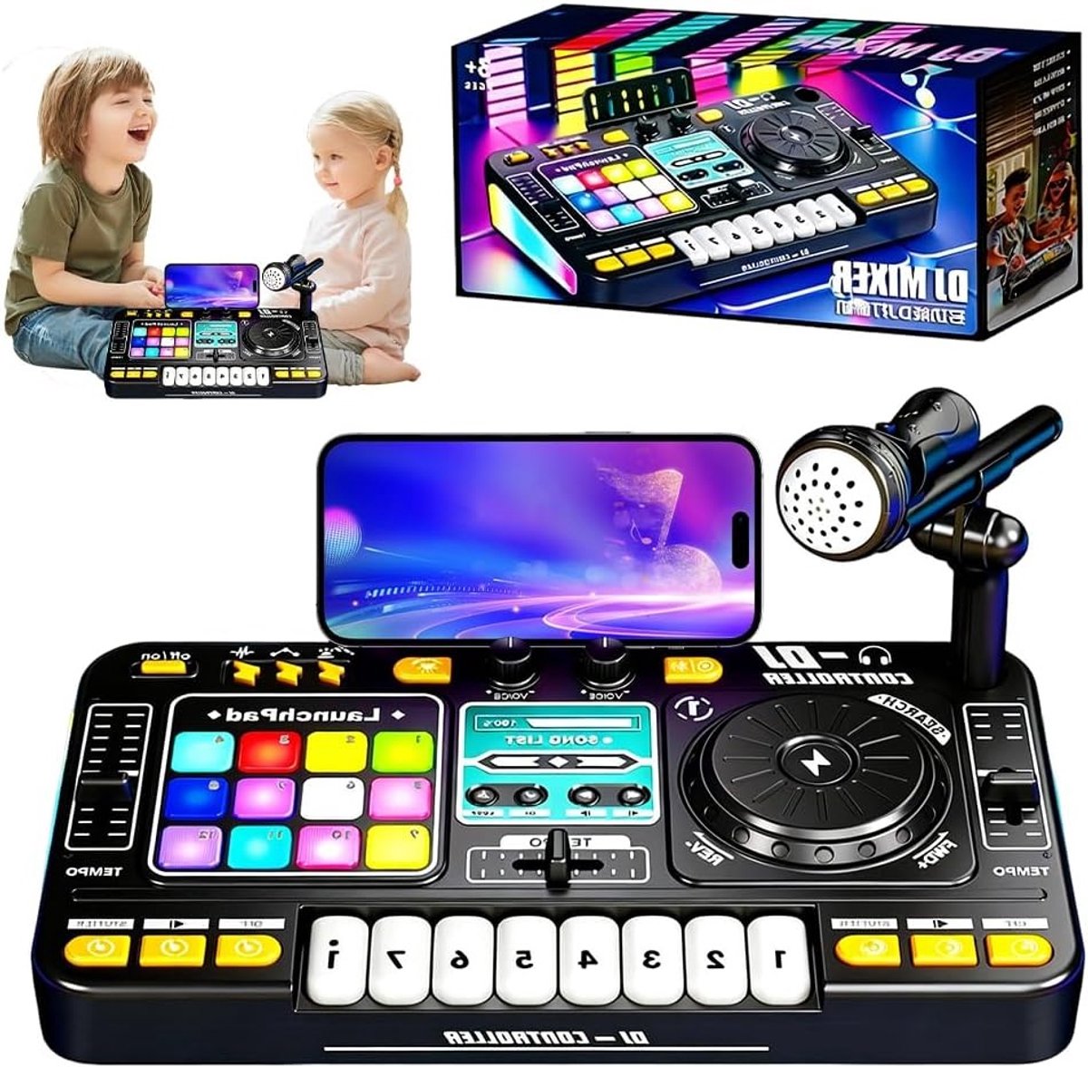 DJ Stoel voor Kinderen, DJ Controller met Microfoon, Mixconsole voor Beginners, Creatief Speelgoed voor Jongens en Meisjes van 3-10 Jaar met 100+ Geluidseffecten en Lichten