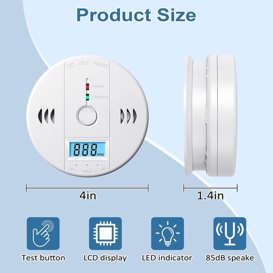 Zijaanzicht van een witte koolmonoxidemelder, met afmetingen van 4 inch breed en 1,4 inch diep. Iconen voor testknop, LCD, LED en luidspreker.