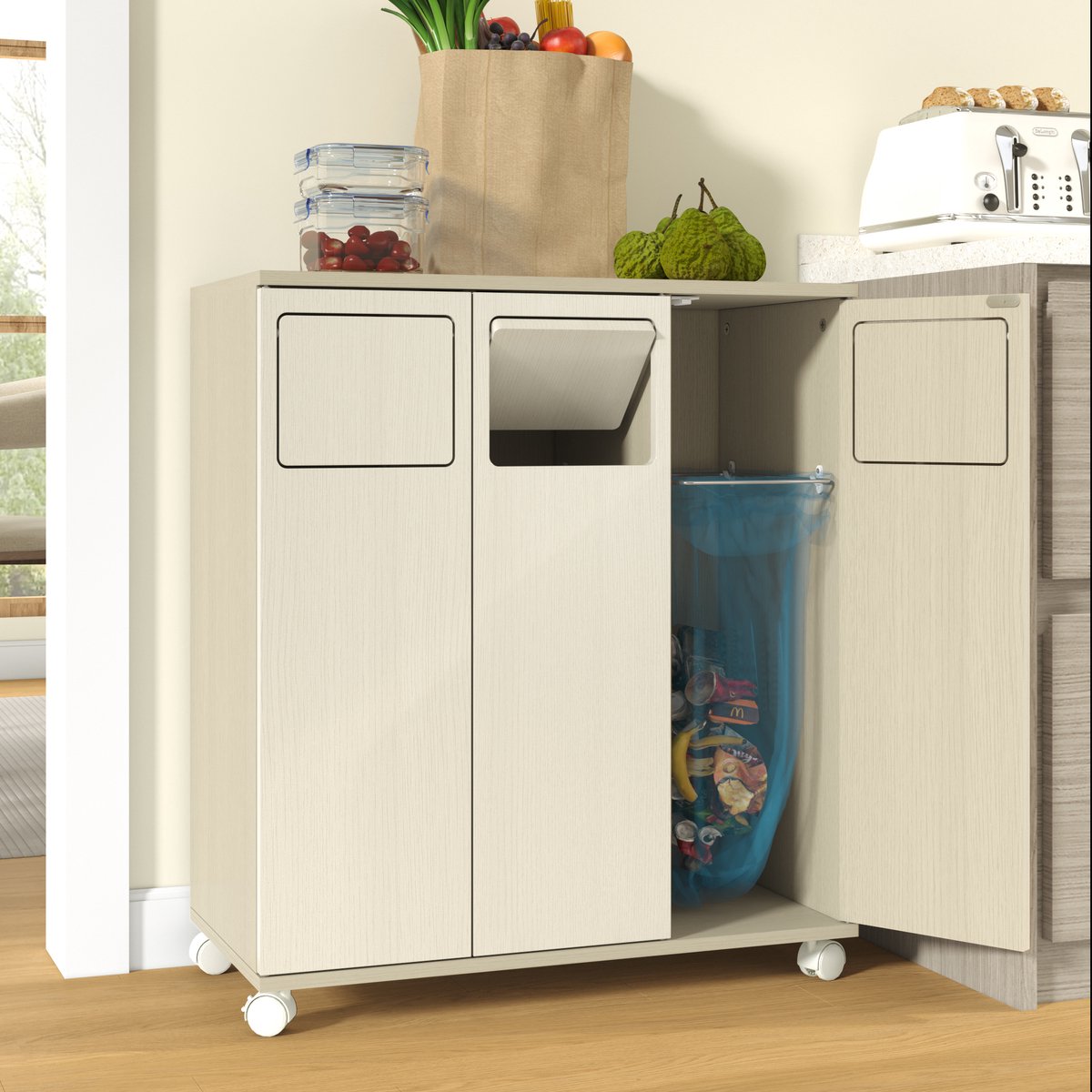 Pugsdrly Trash Cabinet, afvalbak met 3 vakken, verrijdbare keukenkast in licht houten look, 3-deurs afvalbak met witte wieltjes, voor keuken & eetkamer, 69,3x35x80cm