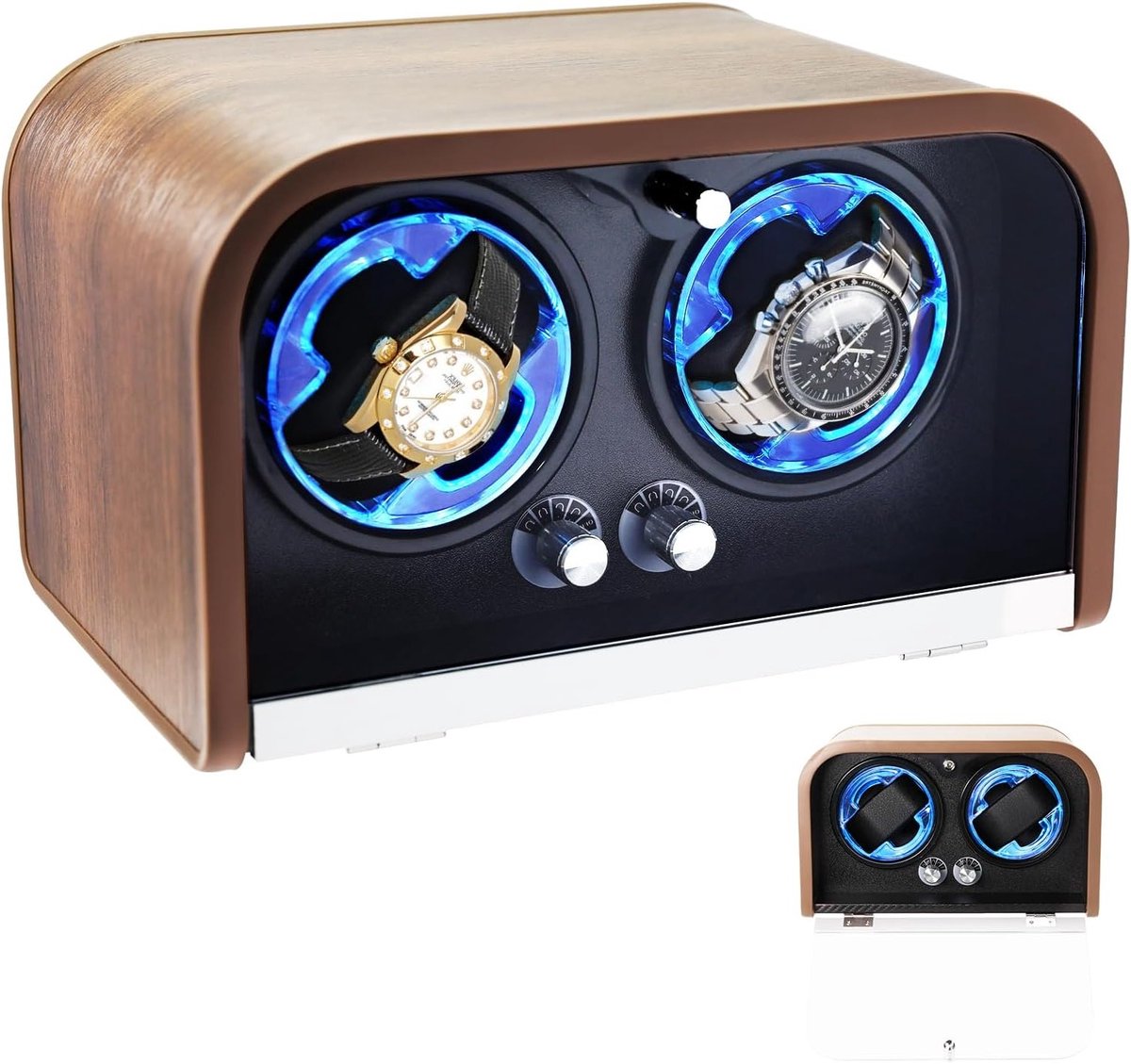 Automatische Horloge Winder voor Twee Horloges - 4 Rotatiemodi, Slimme Stoptechnologie, Geheugenfoam en Houten Displaykast voor Luxe Horloges met Blauwe LED Verlichting