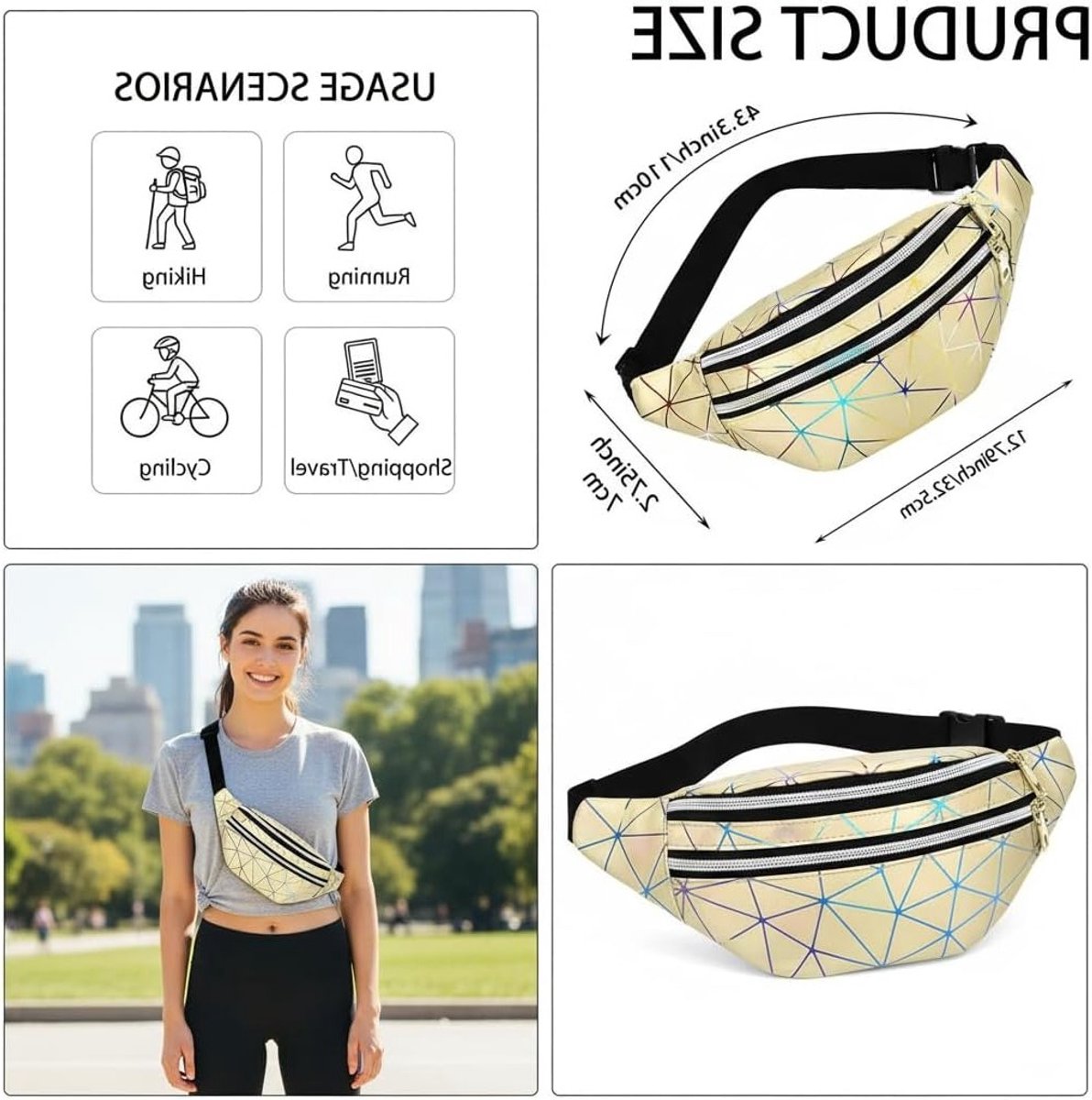 Holografische heuptas voor sport en dagelijks gebruik, waterdichte riemtas met geometrisch design, ideaal voor reizen en feestjes