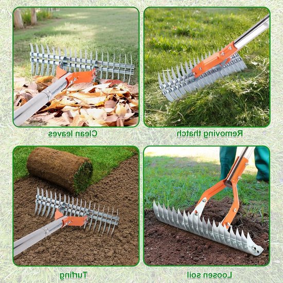 Krachtige 15 Inch Grasmaaier Hark met Handschoenen, 162cm Veelzijdige Riek voor Verdord Gras, Tuinonderhoud en Grondreiniging — afbeelding 3
