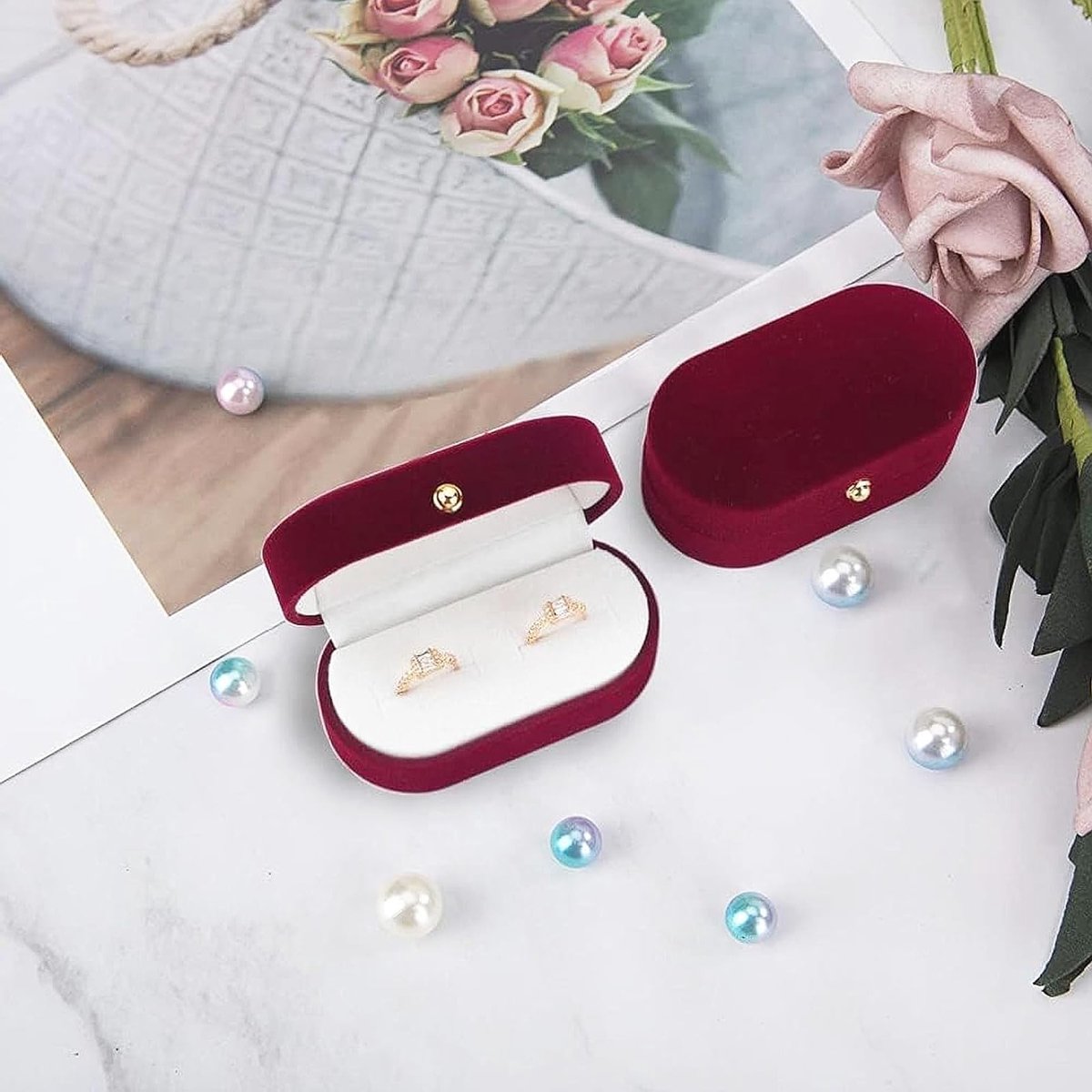 Elegante Ringdoos voor Trouwringen en Oorbellen, Dubbele Sleuf, Perfect voor Verloving en Valentijnsdag