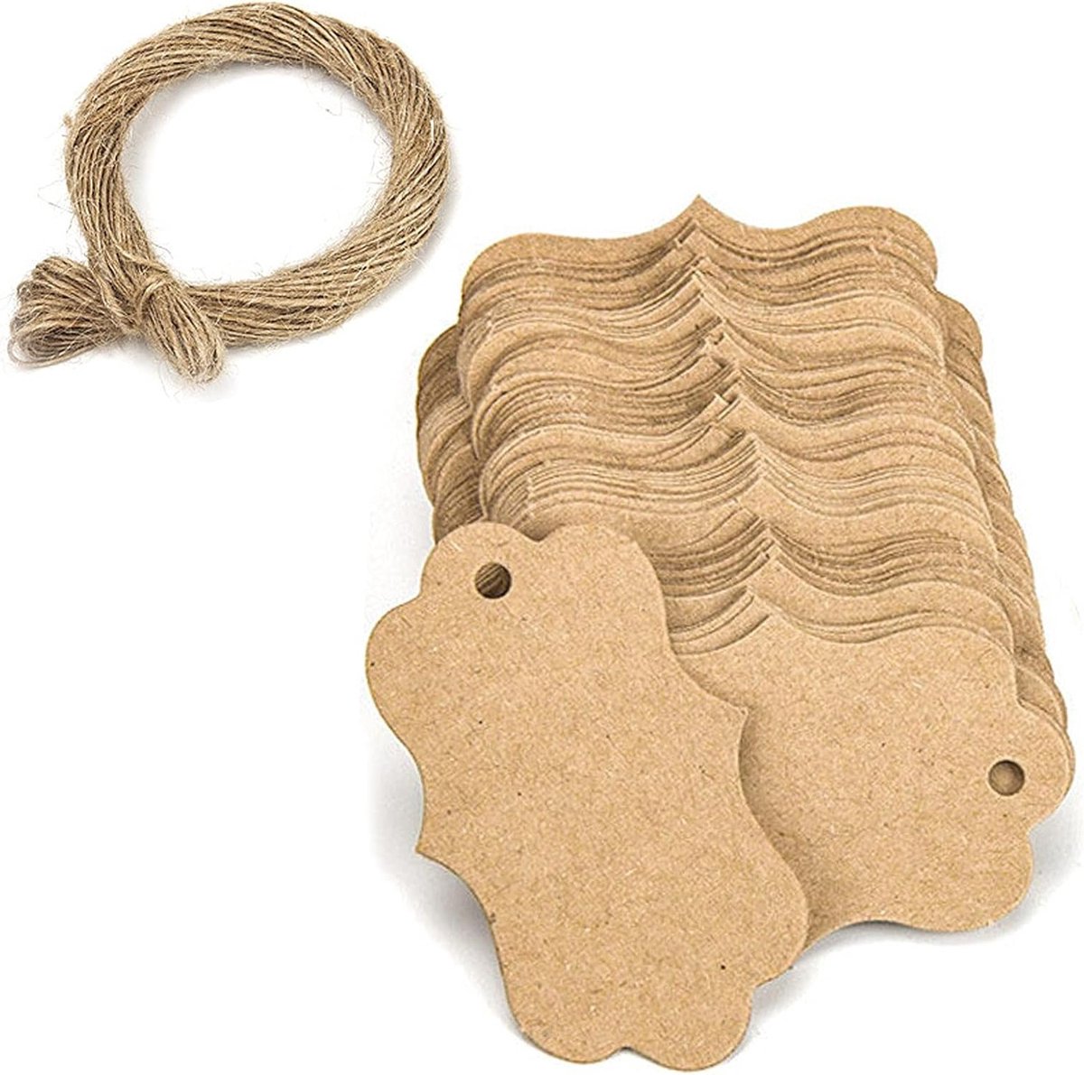 Set van 100 Kraft Papieren Labels 3 x 5 cm met Jute Touw voor Feestjes, Cadeaus en Decoratie