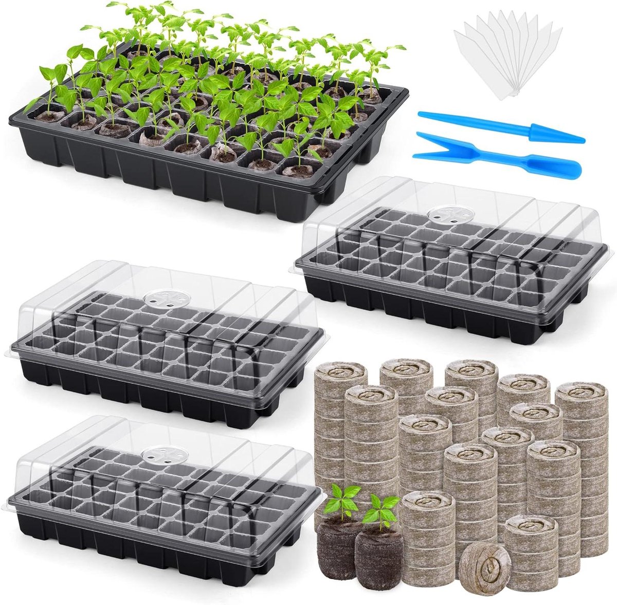 Zaad Starter Tray Kit - Plantenkweekbak Ontkieming - Zaden Ontkiemen - Met Vochtigheid Dome - 120 Cellen - Zwart