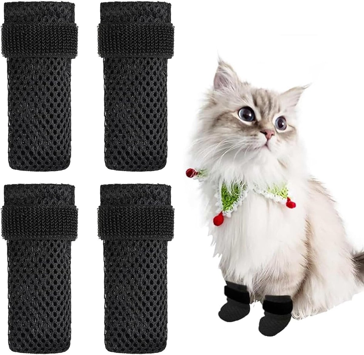 Set van 4 Krabbestendige Kattenlaarzen, Verstelbare Antislip Mesh Covers voor Kleine Honden en Katten, Bescherming voor Pootjes (Zwart, M)