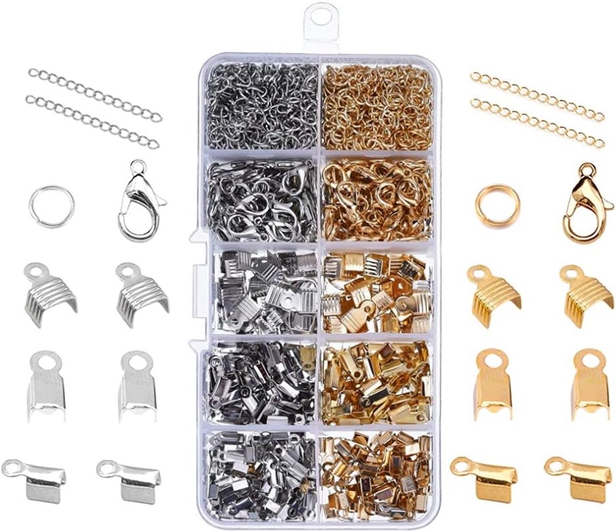Honderddelige set met karabijnhaak sluitingen voor armbanden, inclusief springringen en kettingverlengingen
