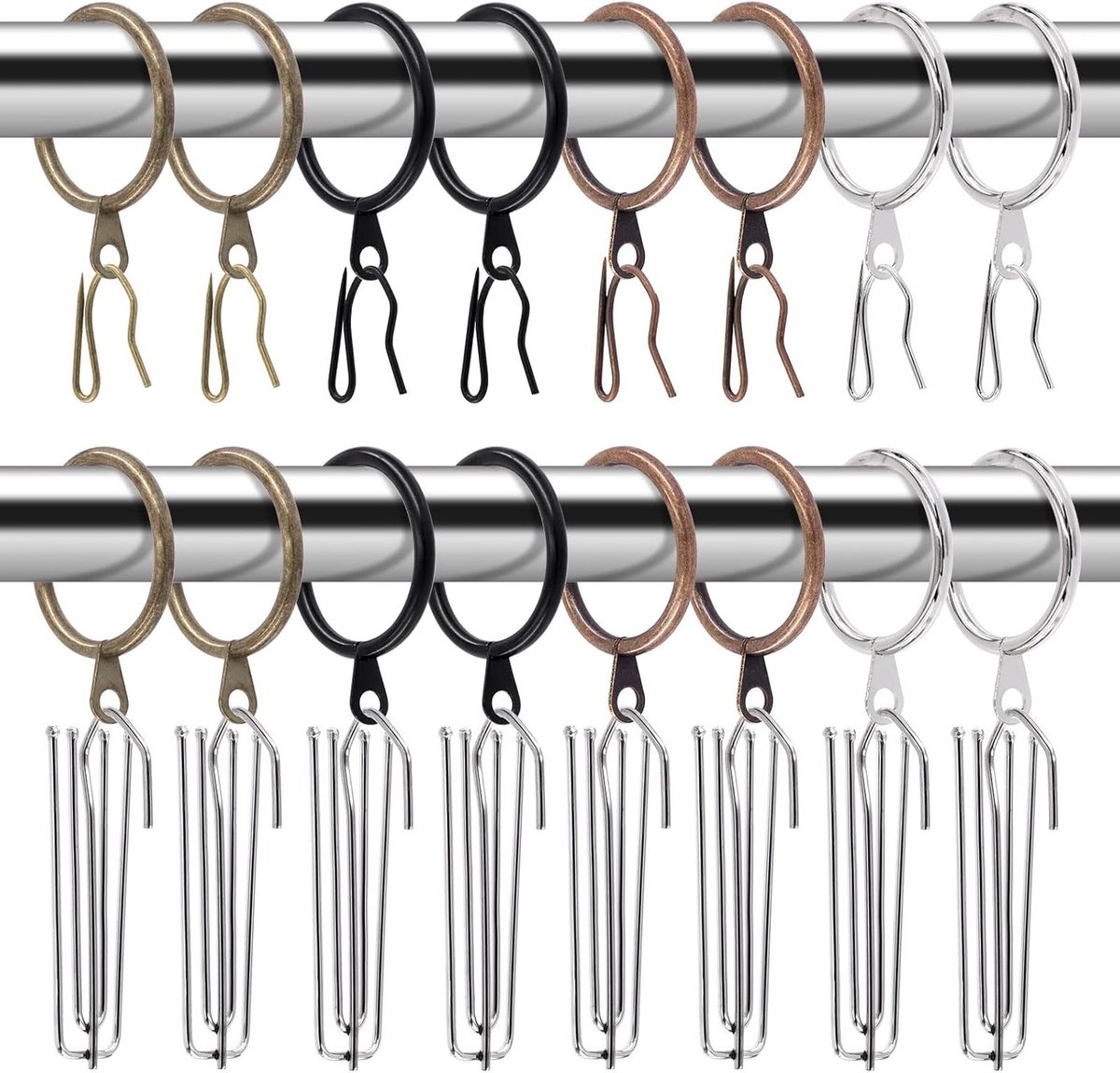 120 Stuks Antieke Koper Metalen Gordijnringen met RVS 4 Pins en Gordijnhaak voor Raam en Badkamer, 30mm Binnen Diameter