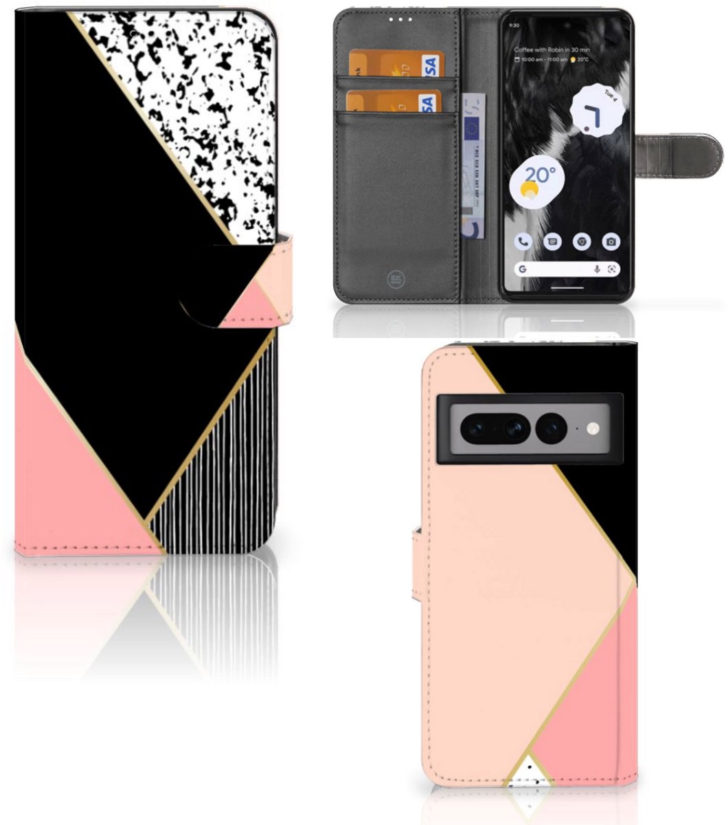 Google Pixel 7 Pro Book Case Zwart Roze Vormen