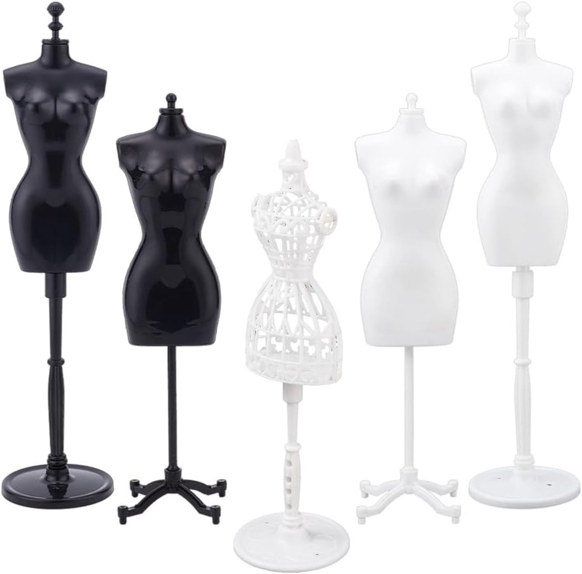 5 Sets Mini Mannequin Display Model voor DIY Mini Jurken, Plastic Steunhouder en Kledingpresentatie Rack voor Accessoires en Decoratie