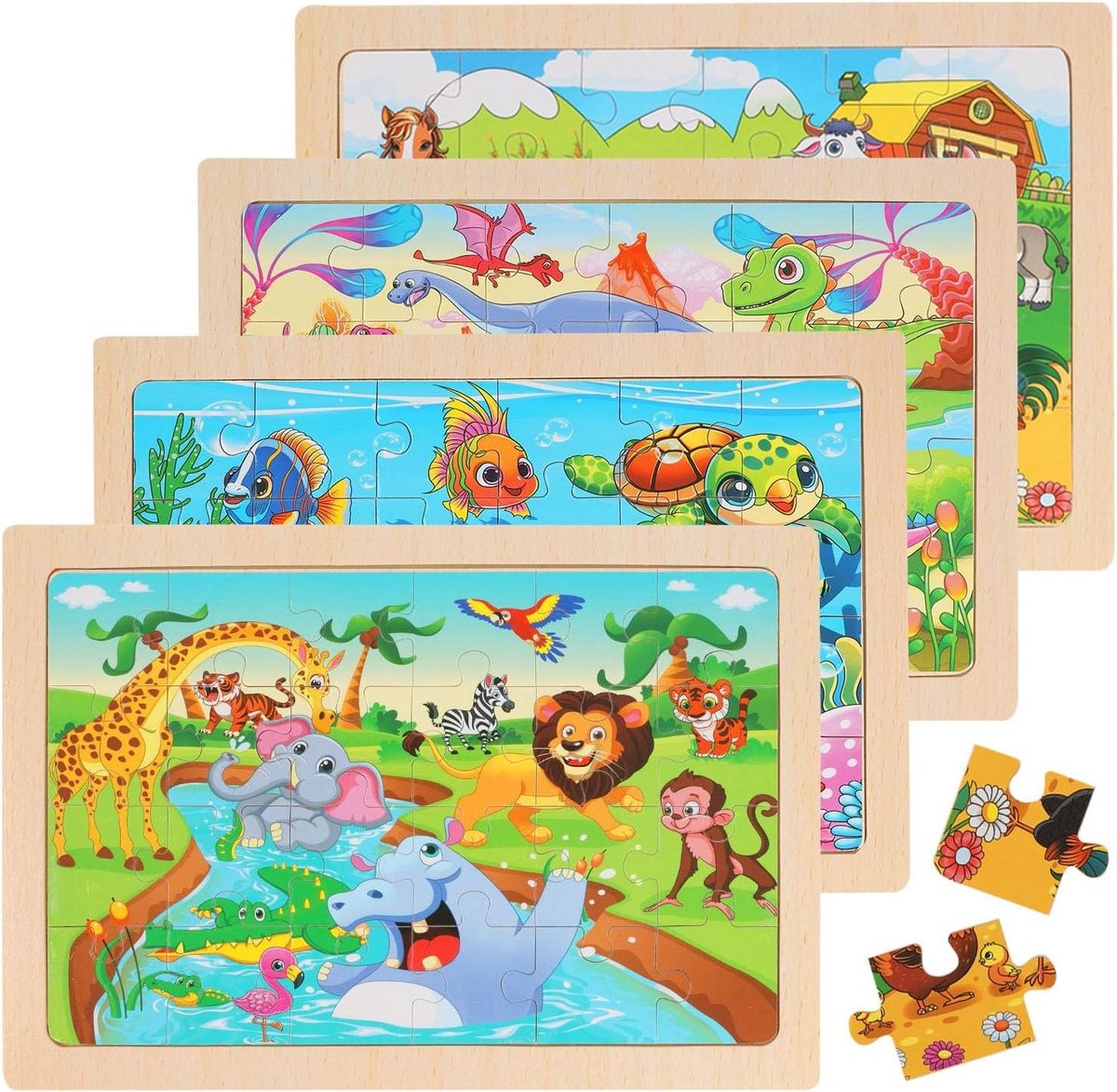 Houten Legpuzzels Kinderen - Educatief Speelgoed - Leren en Ontwikkelen - Inclusief Houten Dienblad - 24 Stukjes Per Puzzel