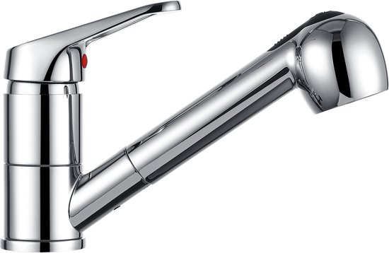 Robinet de cuisine chromé avec douchette extractible, sur fond blanc.