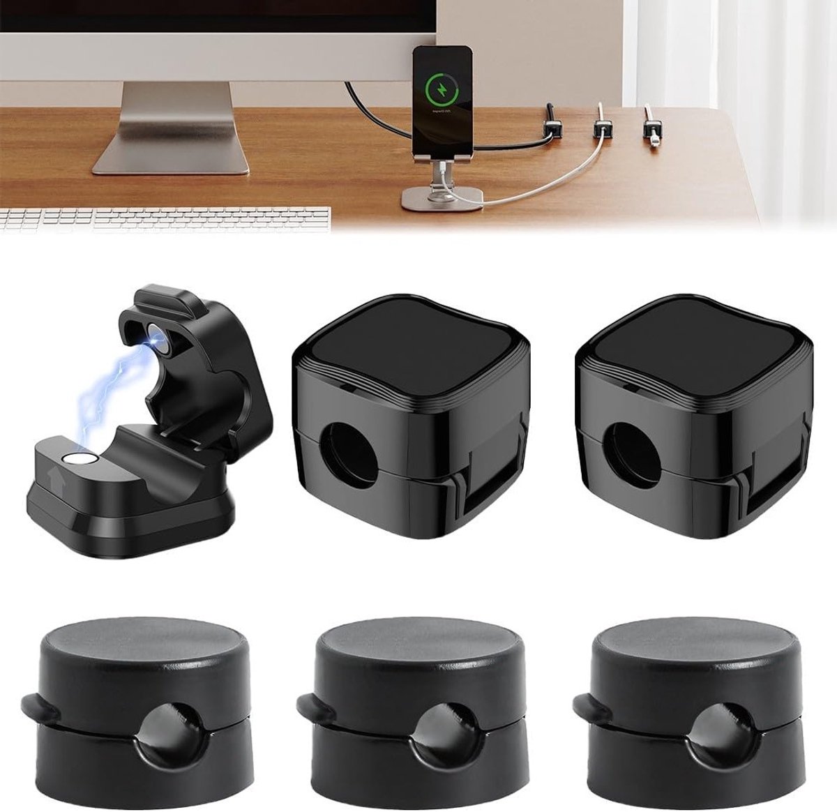 Set van 6 verstelbare kabelclips, magnetische tafel kabelhouders en zelfklevende kabelorganizer voor HDMI, USB en oplaadkabels, zwart