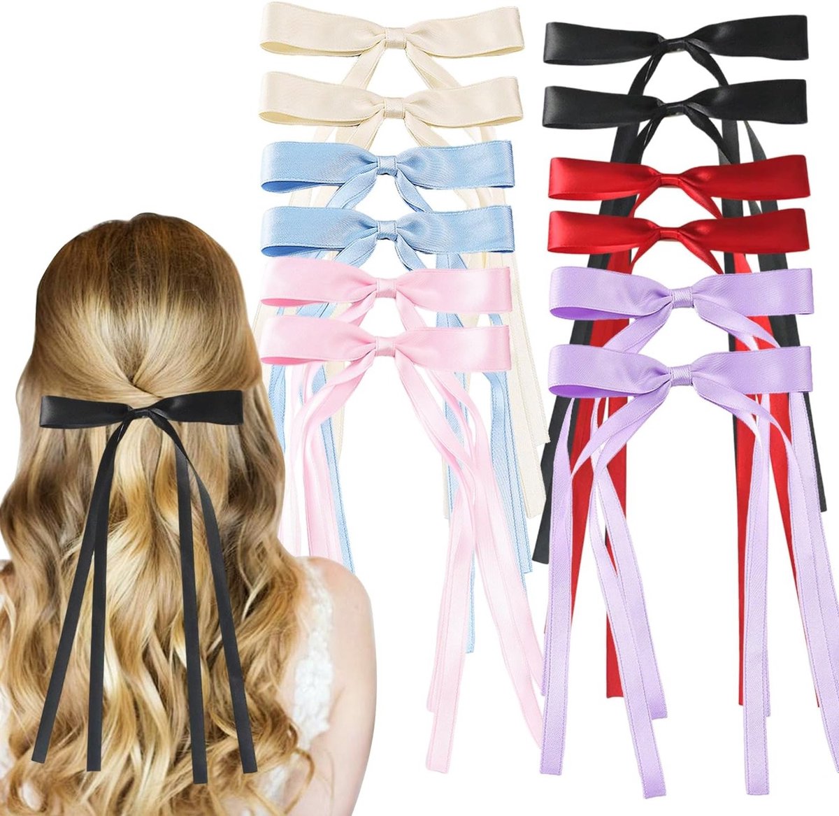 Set van 12 Zijden Satijnen Haarstrikken - Haarclips en Ponytailhouders voor Vrouwen en Meisjes, Perfect voor Feestjes en Dagelijks Gebruik