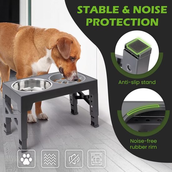 Grijze, verhoogde dubbele voerbak met anti-slip en geluidsdempende poten. Een hond eet uit de bak. Iconen tonen stabiliteit en stilte.