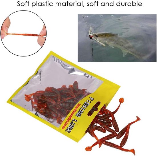 Focket 50 stuks visaas, zacht aas, T-Tail, 9 kleuren larvenkaas, wormaas, visaccessoires (rood) — afbeelding 5