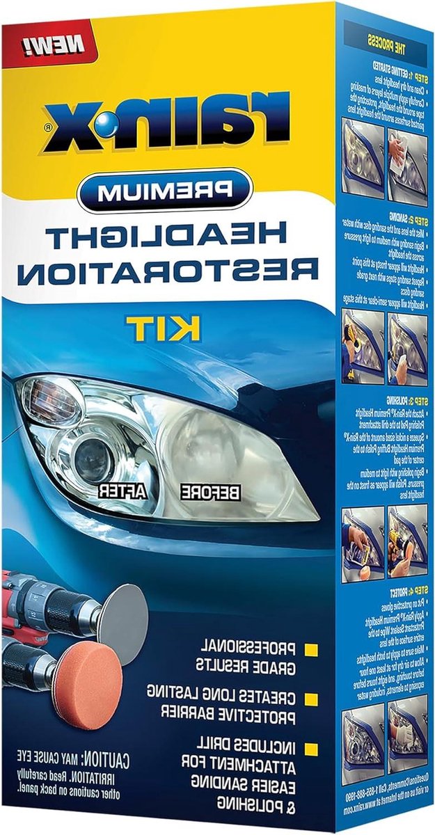 Rain-X 610153 Koplamp Restauratie Kit - Auto Licht Lens Cleaner/Restorer met Schuren & Polijsten Boor Bijlagen & Sealant Wipe, Verwijdert Krassen & Oxidatie - Alles in 1 Langdurige Formule