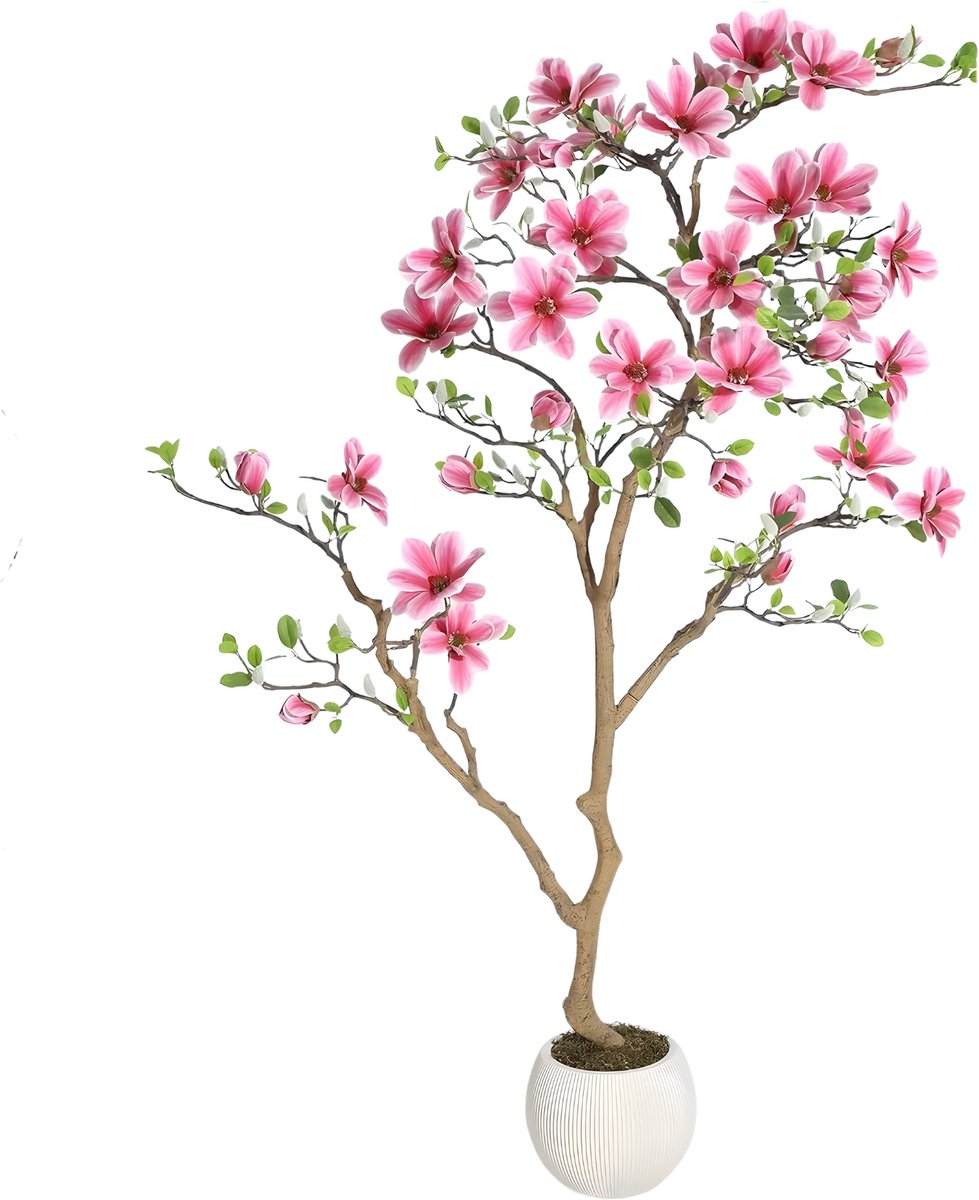 Happiq Kunstmatige magnoliaboom - Voor thuis of kantoor - Realistische zijden bladeren, zachtroze bloesems, onderhoudsvrij - Kunstplant - Roze-180cm