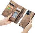 Handen houden bruin portemonnee hoesje open en iPhone 14 Plus hoes.
