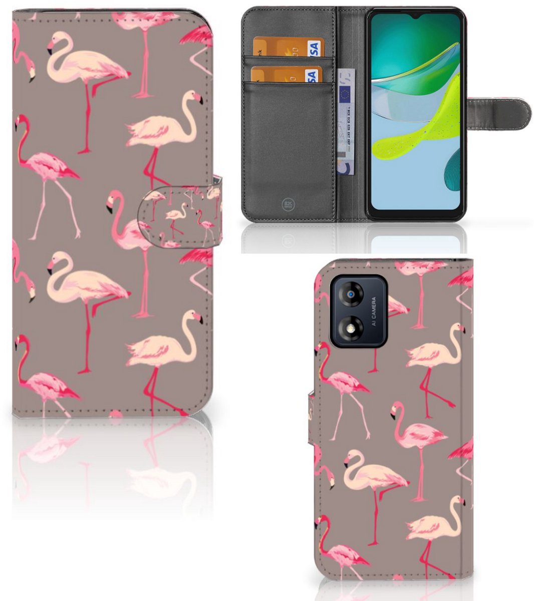 Motorola Moto E13 4G Telefoonhoesje met Pasjes Flamingo