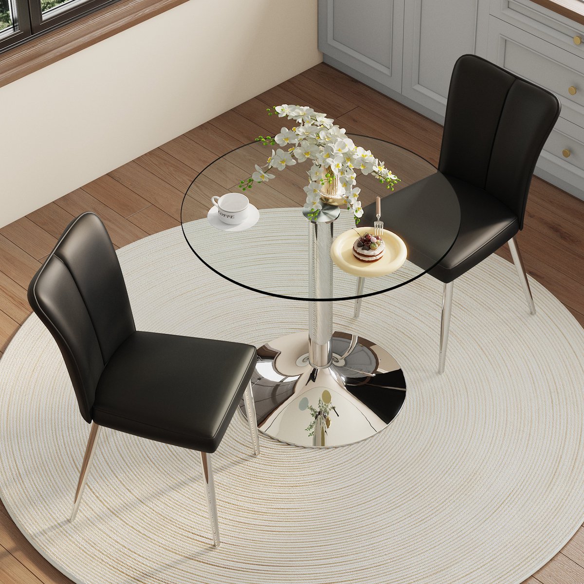 STILVORA Eettafelset 85 cm - Ronde Glazen Tafel Met 2 Eetkamerstoelen - Voor Keuken En Eetkamer - Zwart Zilver