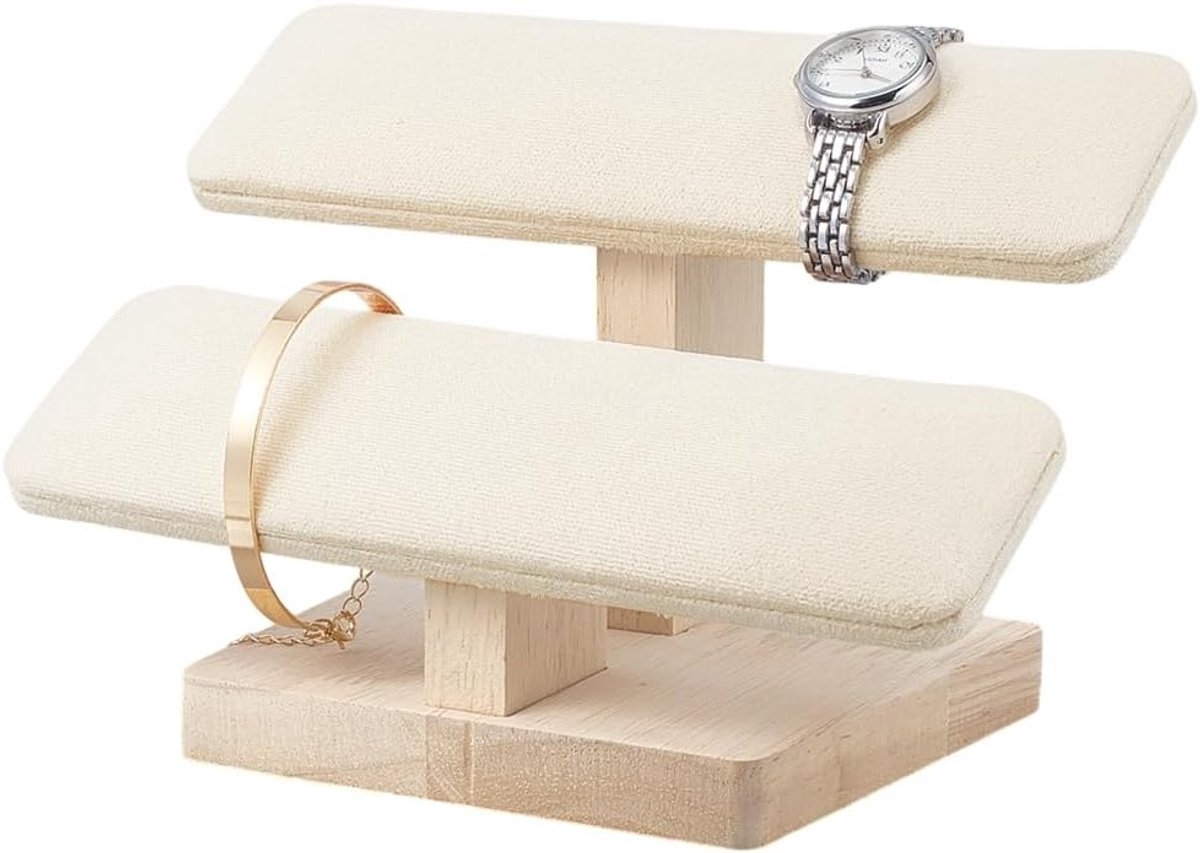 Houten Horloge Display Stand met 2 Laagjes en Velours Armbandhouder - Organisator voor Thuis en Winkeldisplay, Wit