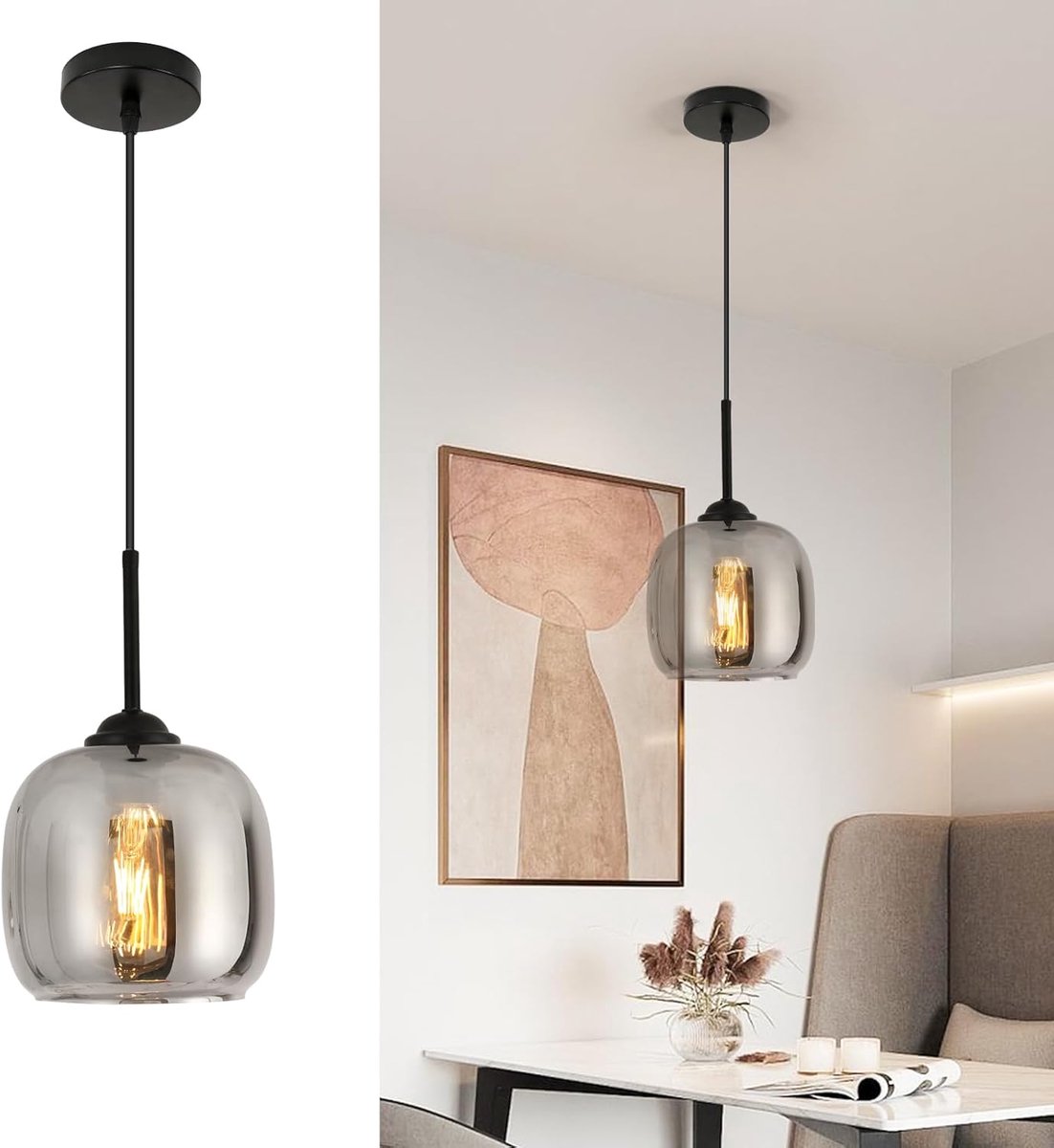 Haobosic - Glas Hanglamp - Smoke Grey - E27 (Excl. Lamp)