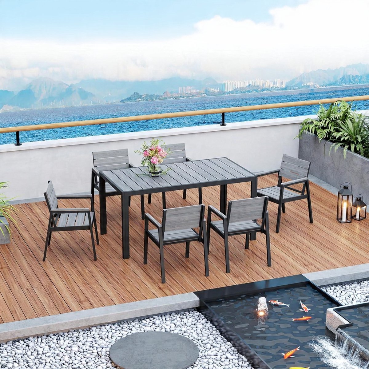 Tuinmeubelset 7-delig 150 cm – Aluminium Tuinset met Houtlook Tafel & 6 Stoelen, Weerbestendig, Lichtgewicht en Duurzaam Balkon & Terras Set – Urbanhome