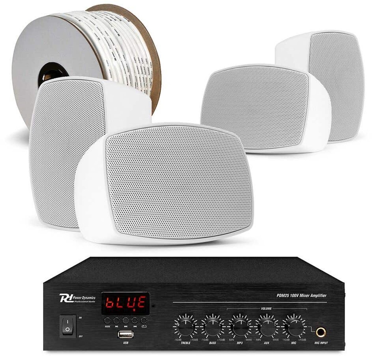 Power Dynamics complete buiten speaker set - 4x waterdichte mini speakers en 100V versterker - Wit