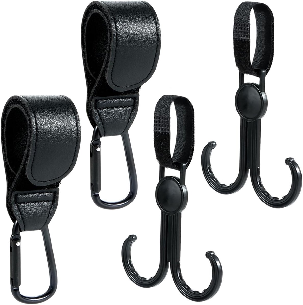 Pram Hooks Set van 4 Stuks, Handige Tas Hangers voor Kinderwagens, Leerlook, Geschikt voor Winkeltassen en Accessoires (Zwart)