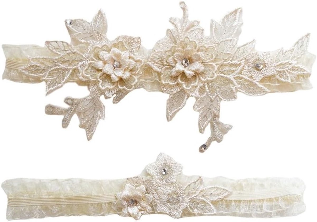Elegante Bruids Garter Set met Borduurwerk en Kanten Bloemen, Sexy Rekbare Dijenband voor Bruiden en Meisjes, Beige One Size